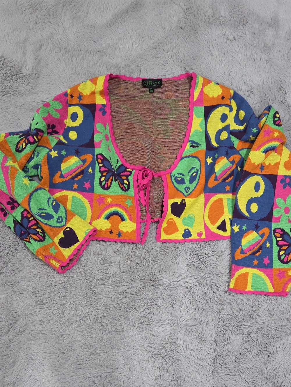 Dolls Kill Club Exx Neon Multicolor Patterned Cropped Cardigan